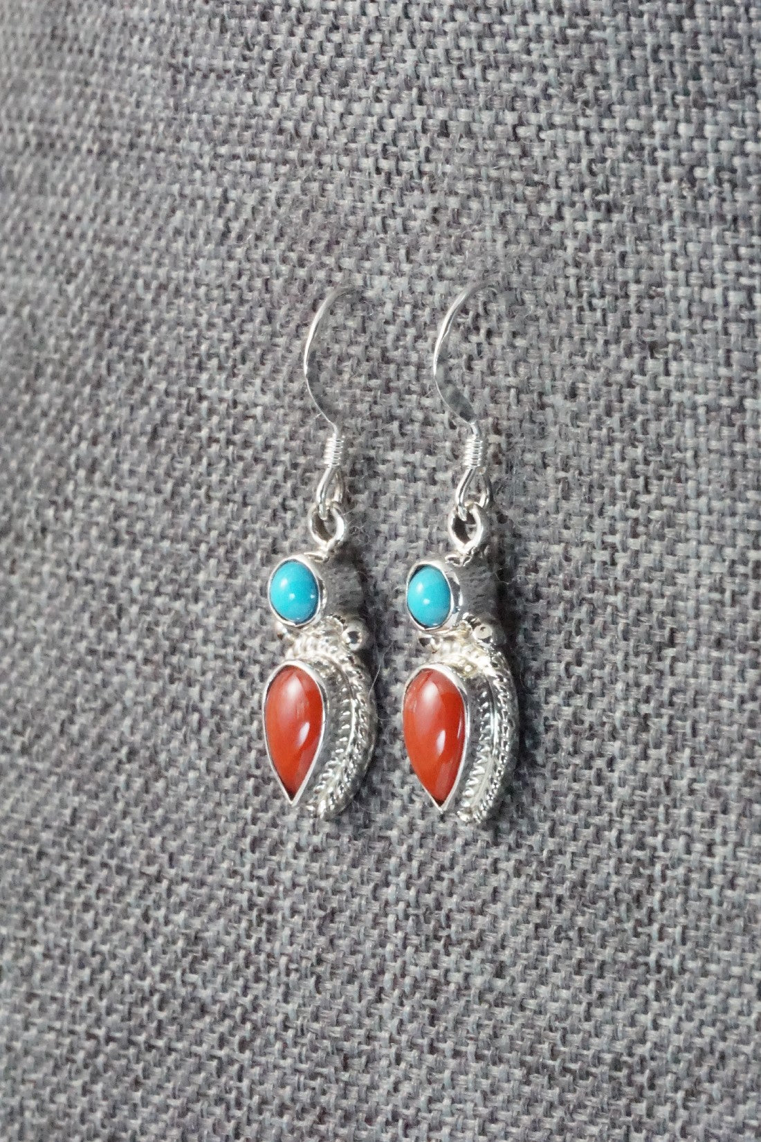Turquoise, Coral & Sterling Silver Earrings - Verley Betone