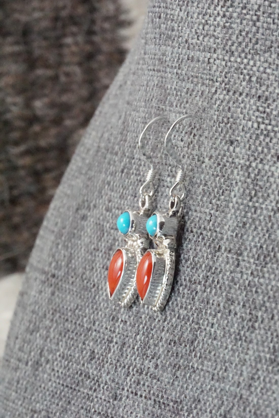 Turquoise, Coral & Sterling Silver Earrings - Verley Betone