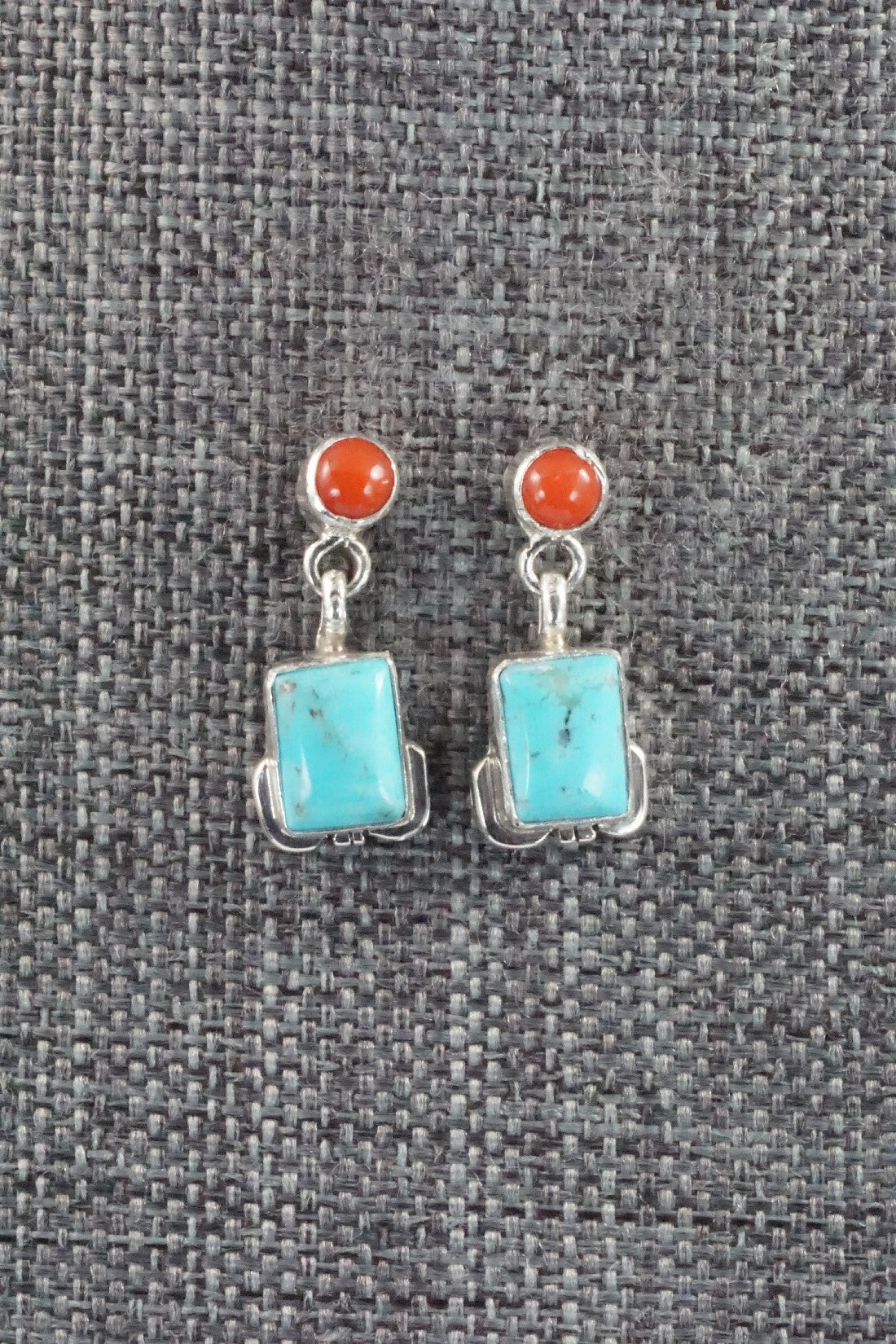 Turquoise, Coral & Sterling Silver Earrings - Verley Betone