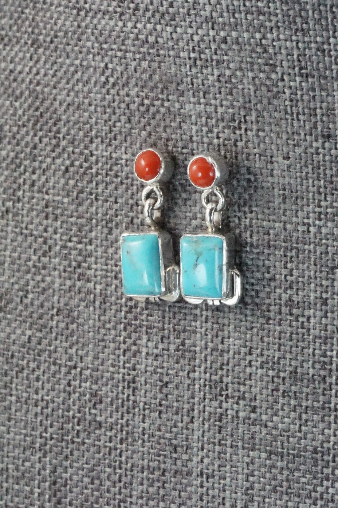 Turquoise, Coral & Sterling Silver Earrings - Verley Betone