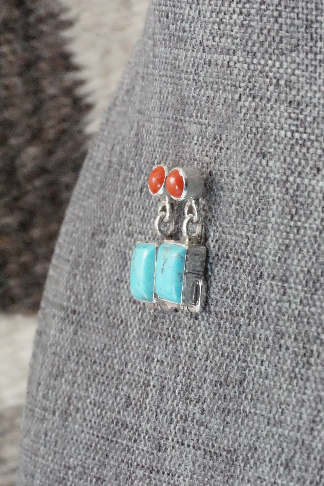 Turquoise, Coral & Sterling Silver Earrings - Verley Betone