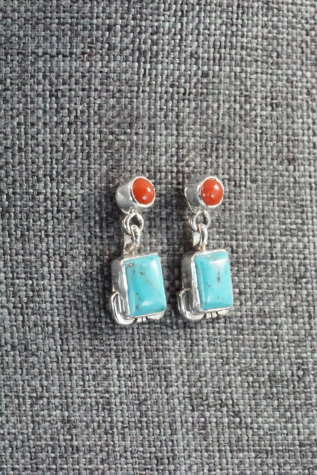 Turquoise, Coral & Sterling Silver Earrings - Verley Betone