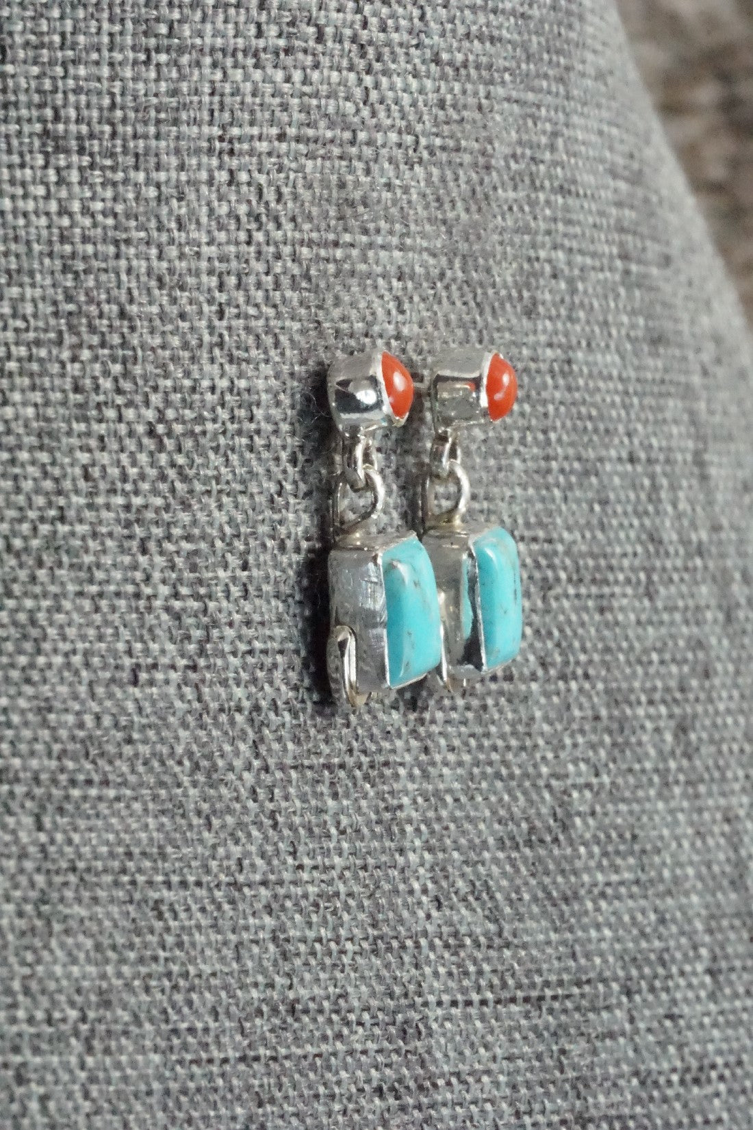 Turquoise, Coral & Sterling Silver Earrings - Verley Betone