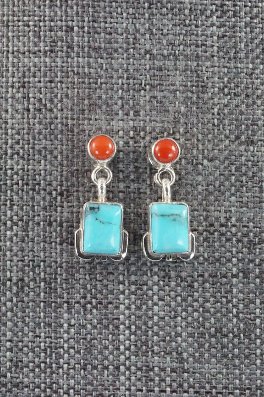 Turquoise, Coral & Sterling Silver Earrings - Verley Betone