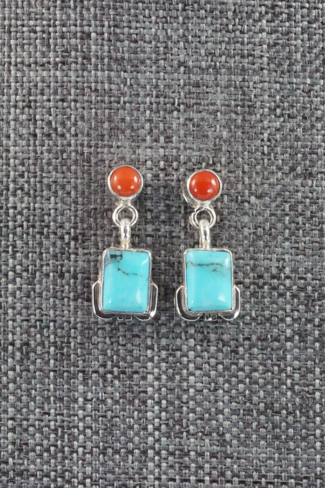 Turquoise, Coral & Sterling Silver Earrings - Verley Betone