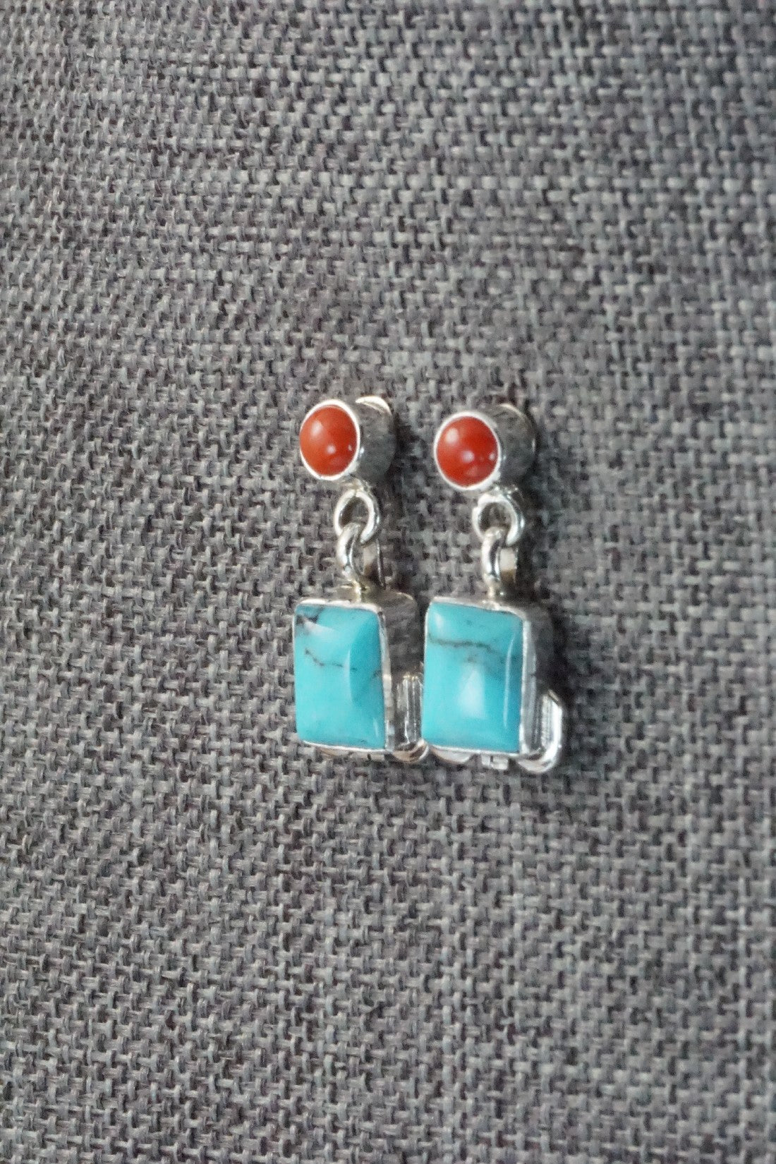 Turquoise, Coral & Sterling Silver Earrings - Verley Betone