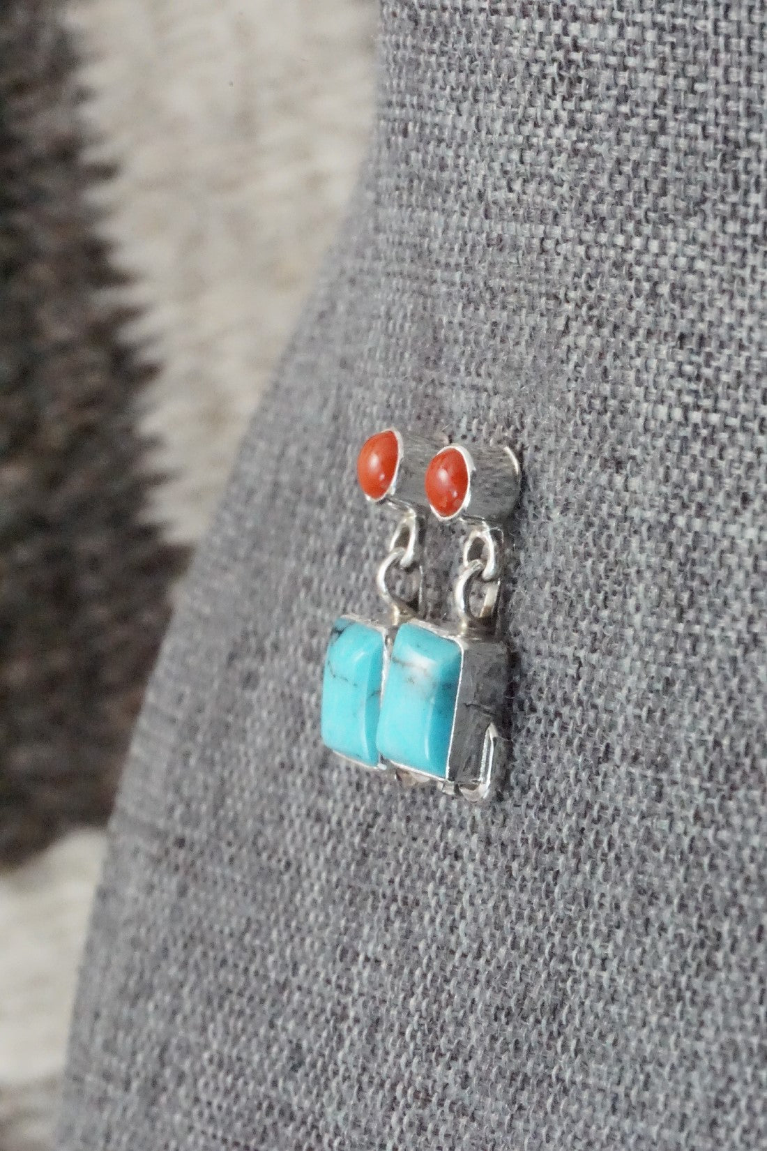 Turquoise, Coral & Sterling Silver Earrings - Verley Betone