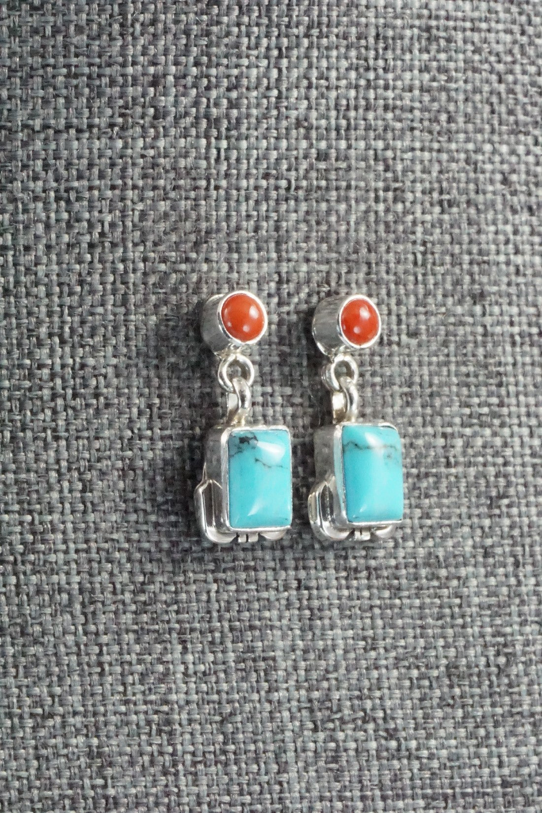 Turquoise, Coral & Sterling Silver Earrings - Verley Betone