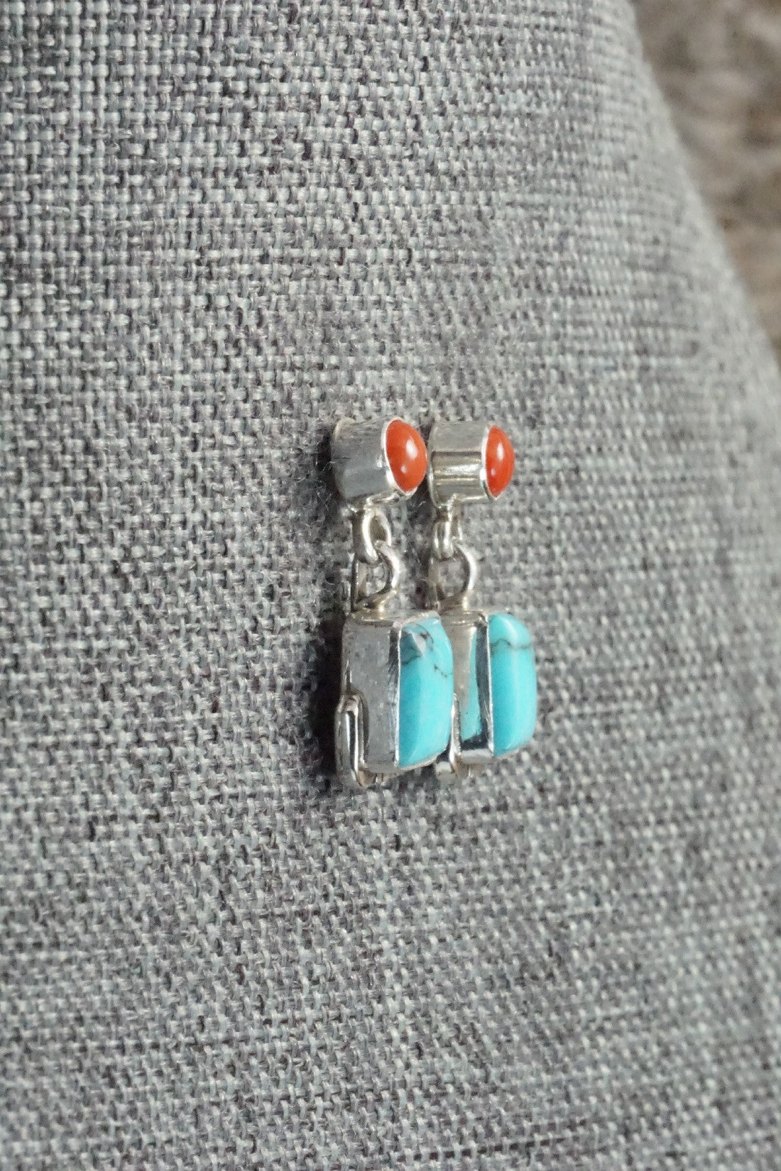 Turquoise, Coral & Sterling Silver Earrings - Verley Betone