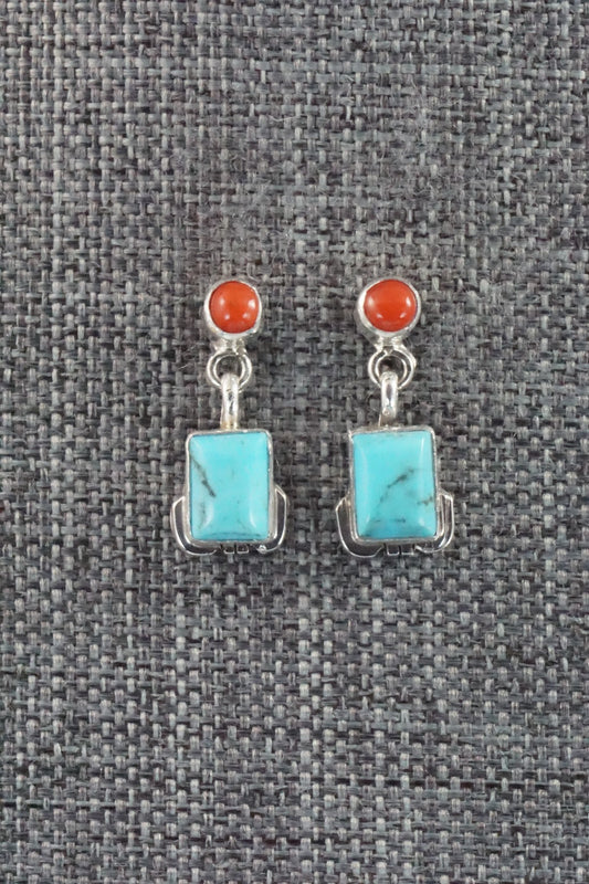 Turquoise, Coral & Sterling Silver Earrings - Verley Betone
