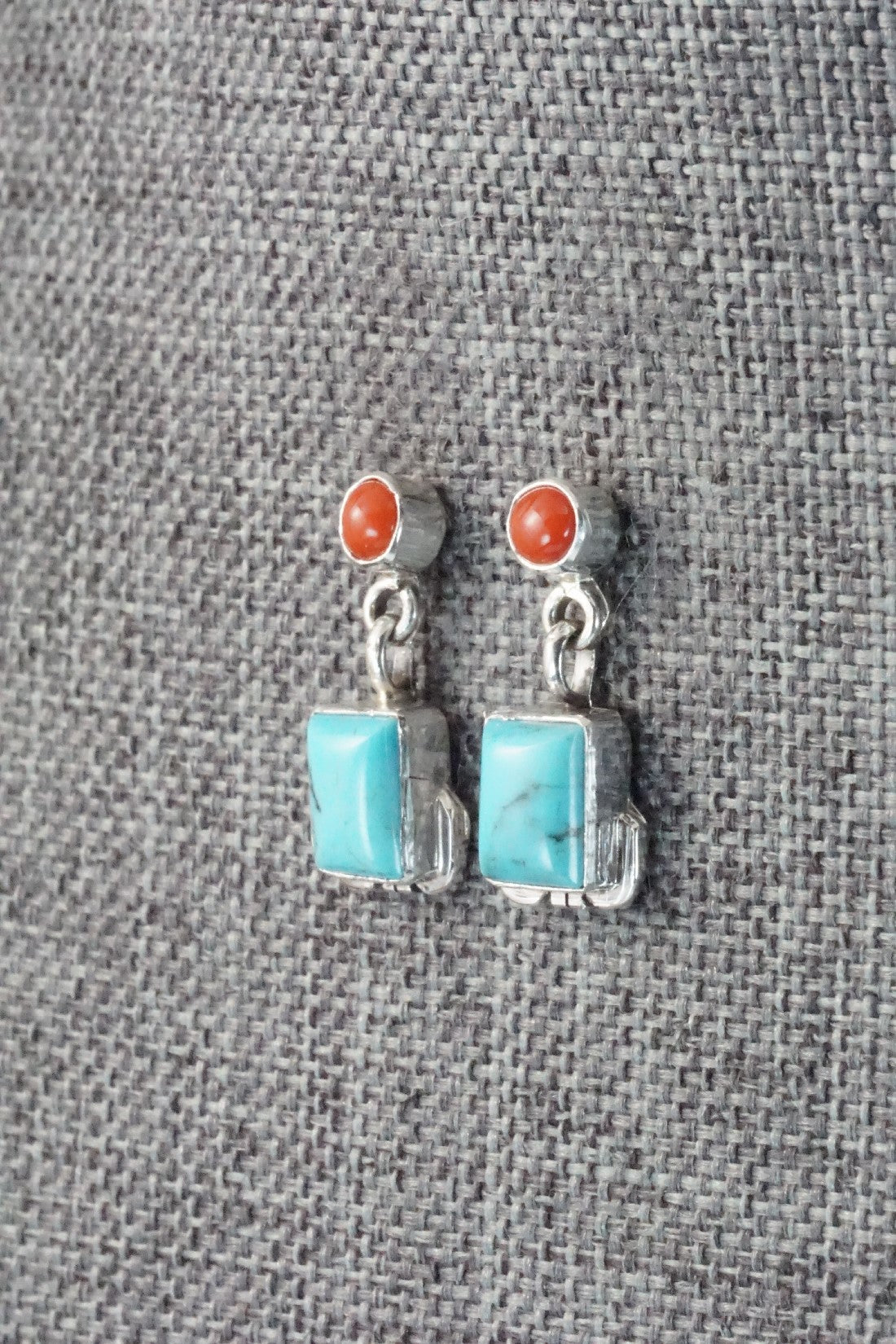Turquoise, Coral & Sterling Silver Earrings - Verley Betone