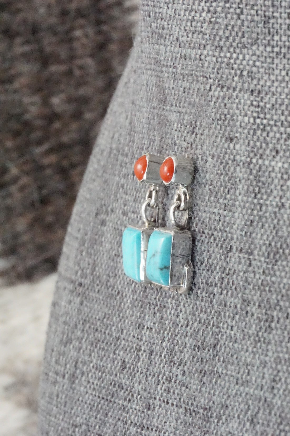 Turquoise, Coral & Sterling Silver Earrings - Verley Betone