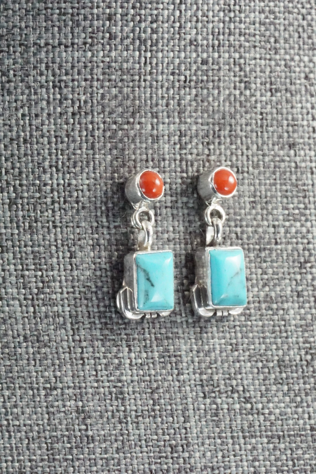 Turquoise, Coral & Sterling Silver Earrings - Verley Betone