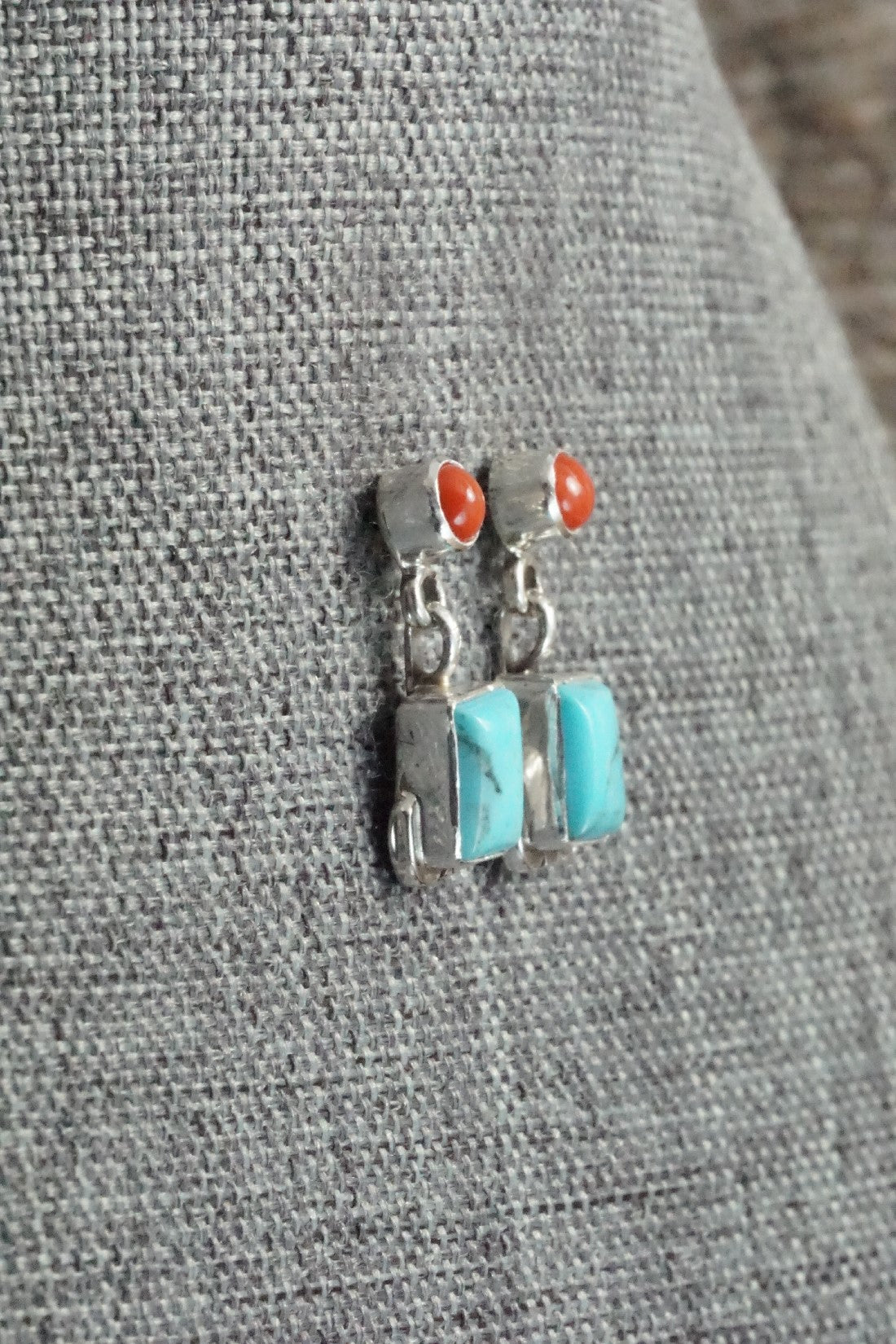 Turquoise, Coral & Sterling Silver Earrings - Verley Betone