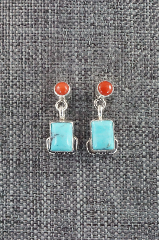 Turquoise & Coral Sterling Silver Earrings - Verley Betone