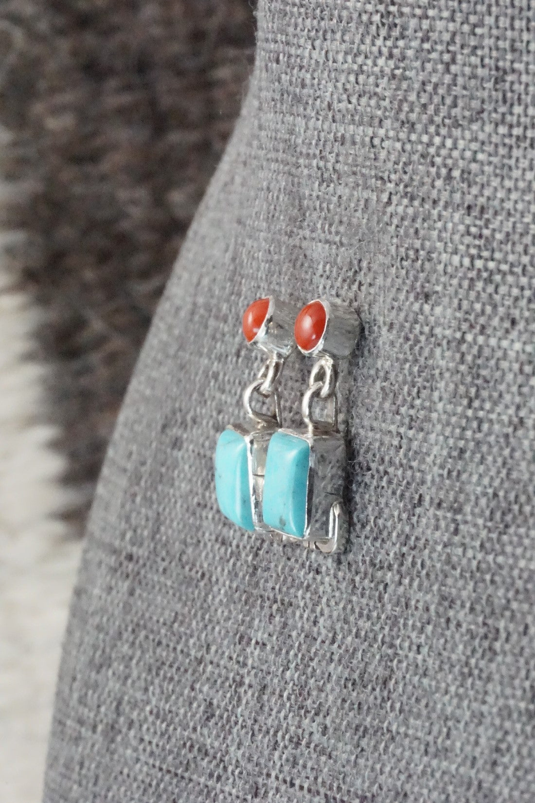 Turquoise & Coral Sterling Silver Earrings - Verley Betone