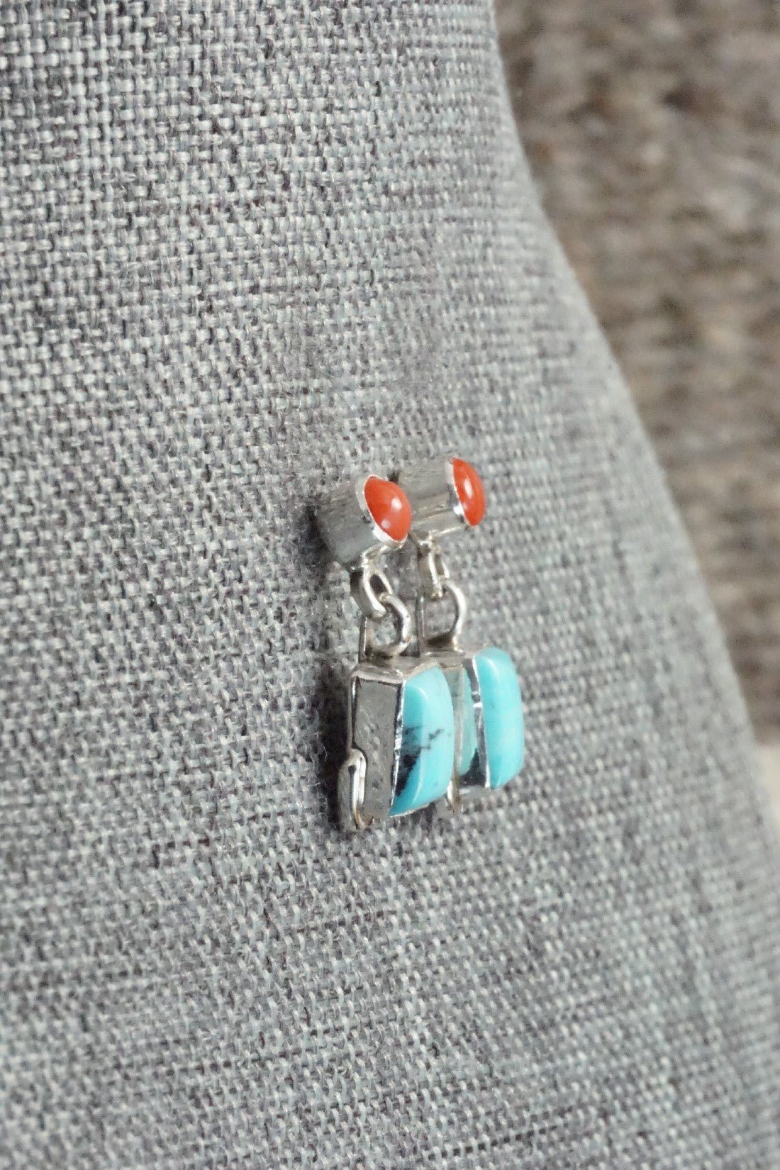 Turquoise & Coral Sterling Silver Earrings - Verley Betone