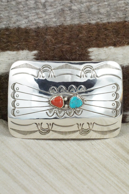Turquoise, Coral & Sterling Silver Belt Buckle - Joann Silver