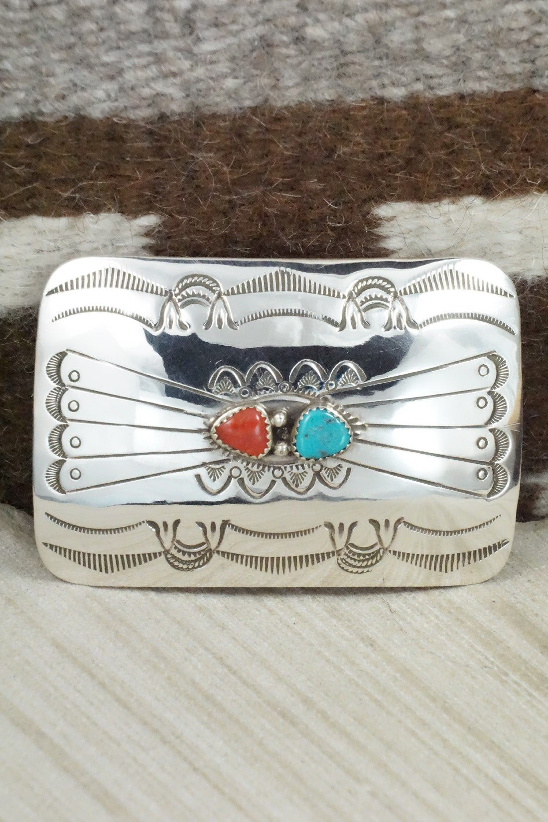 Turquoise, Coral & Sterling Silver Belt Buckle - Joann Silver