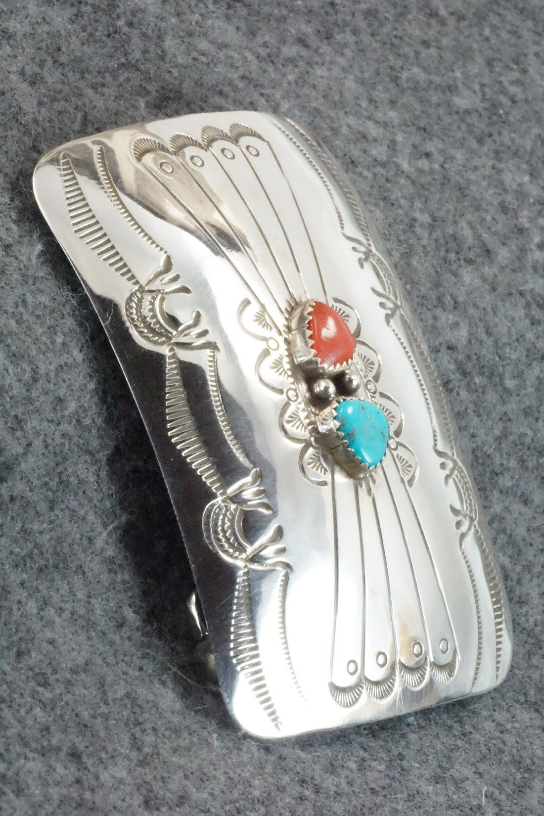 Turquoise, Coral & Sterling Silver Belt Buckle - Joann Silver