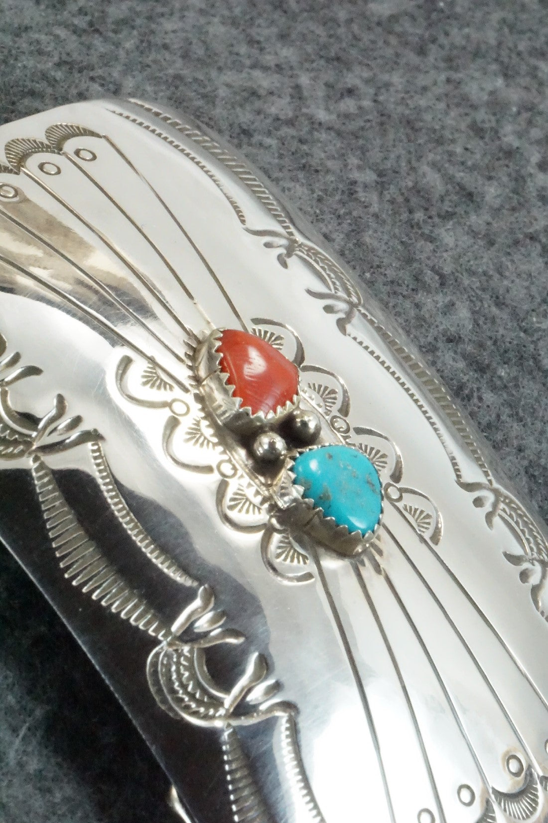 Turquoise, Coral & Sterling Silver Belt Buckle - Joann Silver