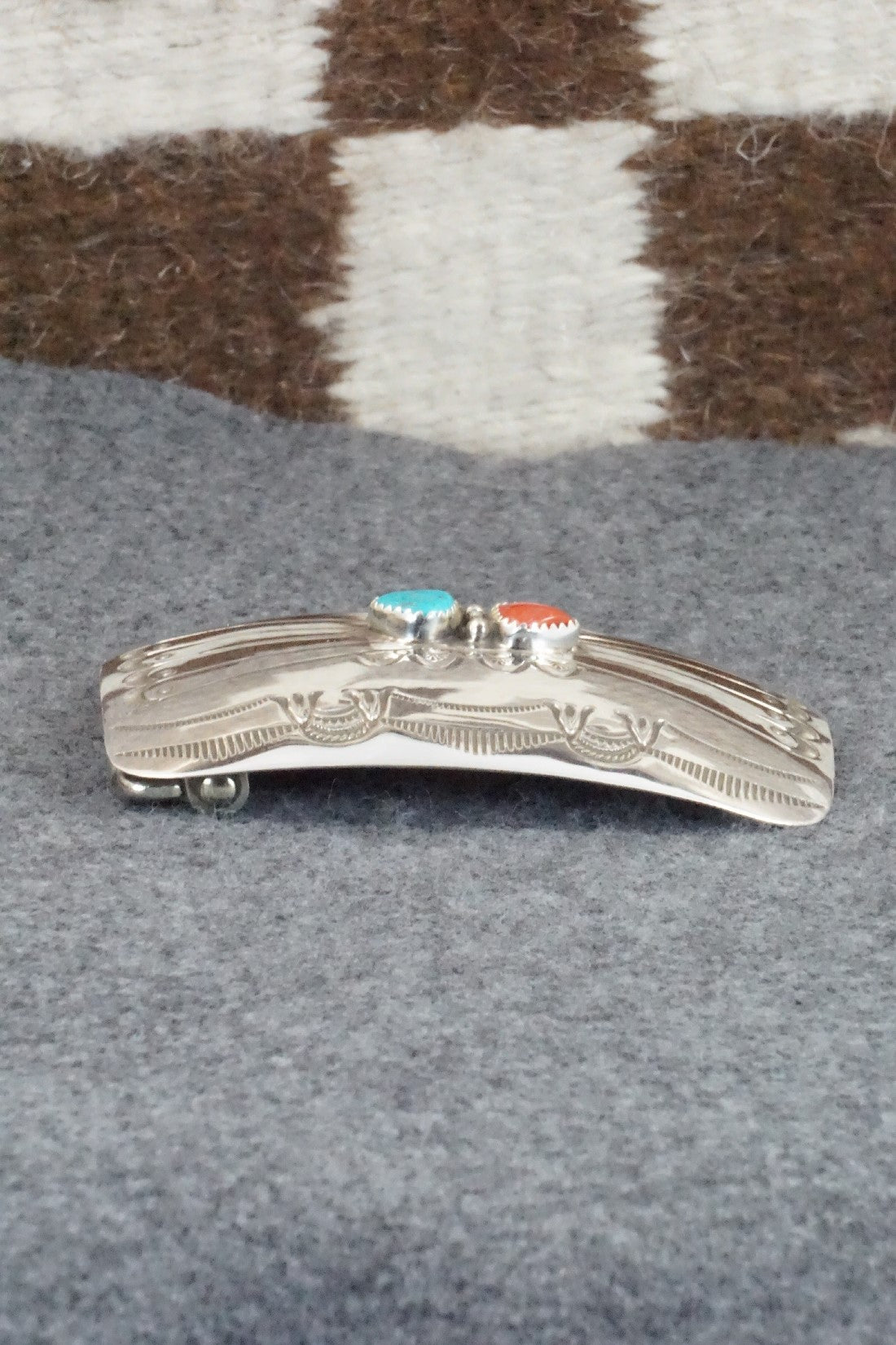 Turquoise, Coral & Sterling Silver Belt Buckle - Joann Silver