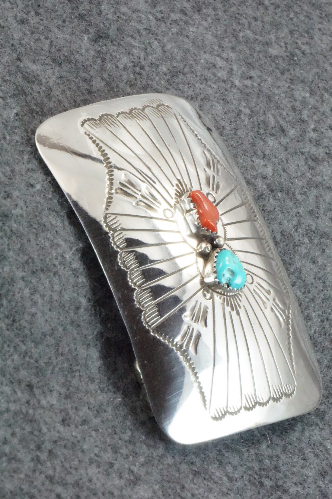 Turquoise, Coral & Sterling Silver Belt Buckle - Joann Silver
