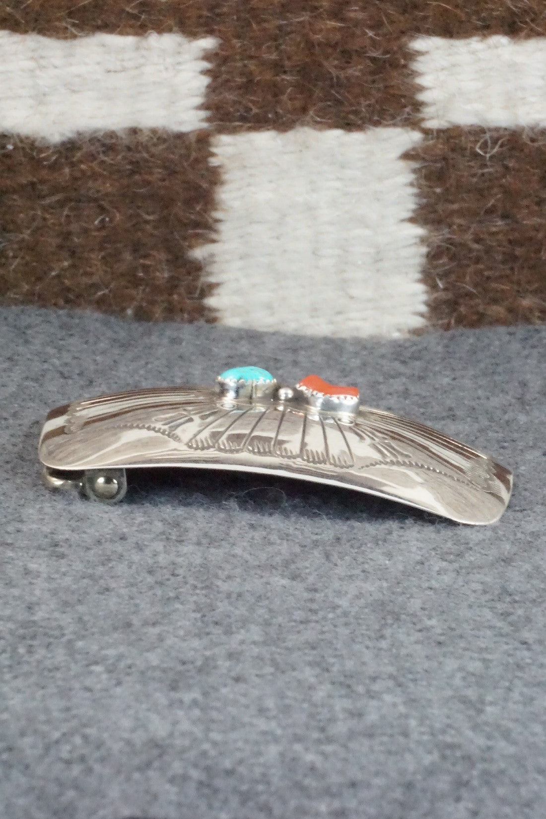 Turquoise, Coral & Sterling Silver Belt Buckle - Joann Silver