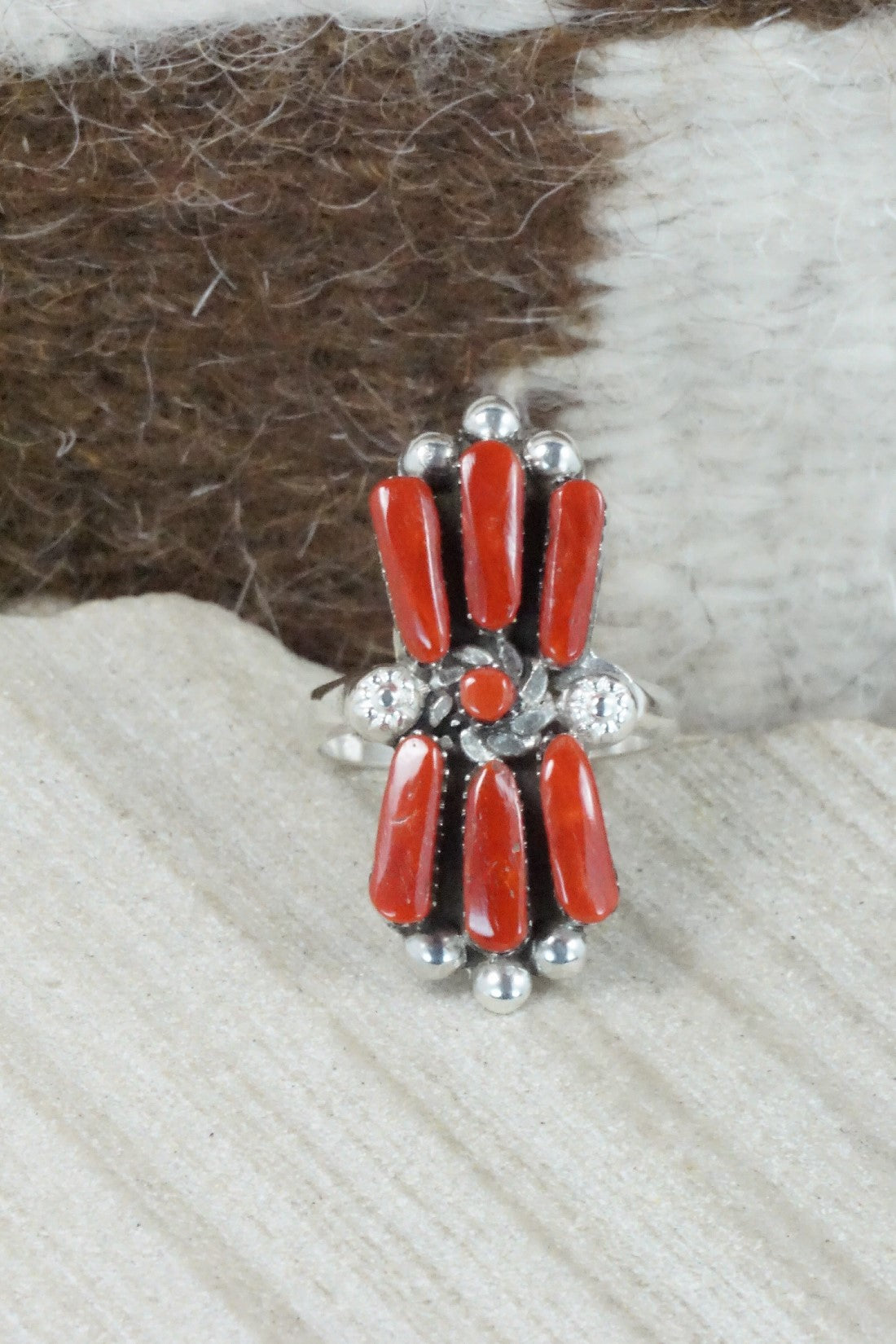 Coral & Sterling Silver Ring - Carlene Hattie - Size 6.5