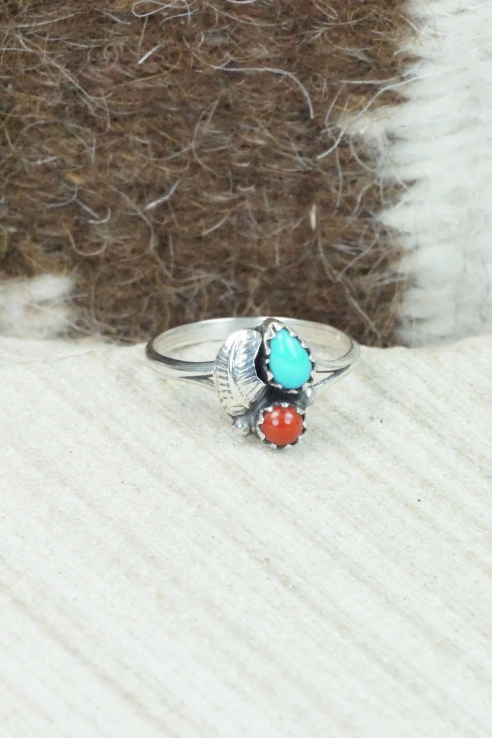 Turquoise, Coral & Sterling Silver Ring - Betty Hawthorne - Size 4.5