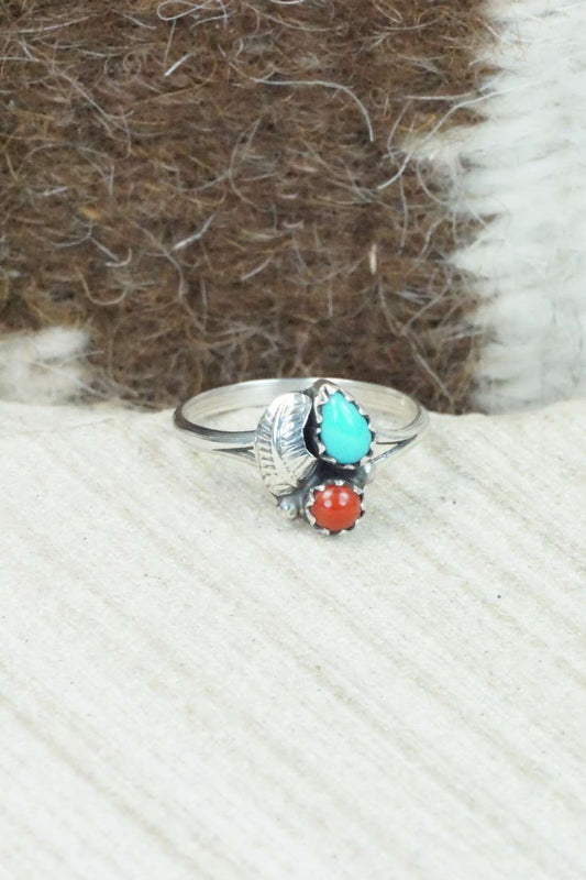 Turquoise, Coral & Sterling Silver Ring - Betty Hawthorne - Size 4.5