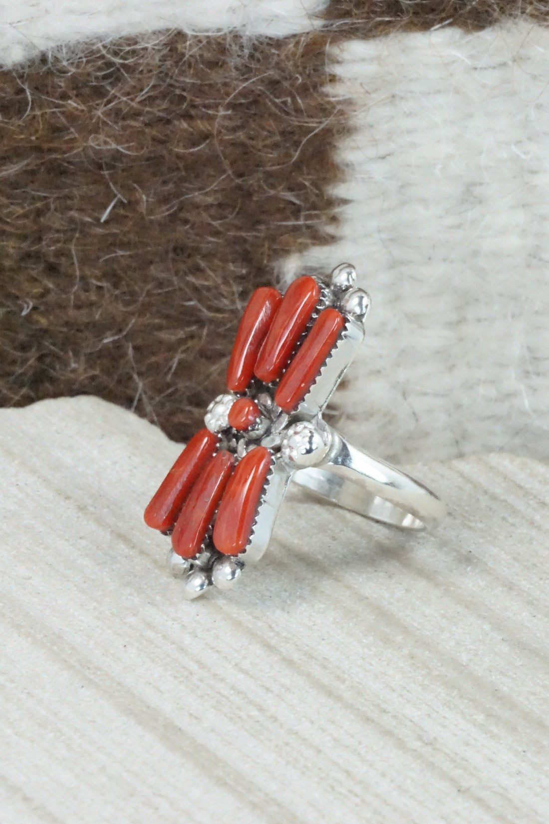 Coral & Sterling Silver Ring - Carlene Hattie - Size 6.5