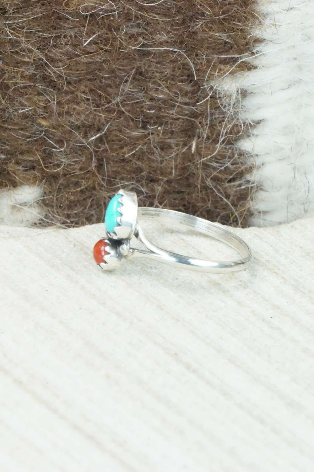 Turquoise, Coral & Sterling Silver Ring - Betty Hawthorne - Size 4.5