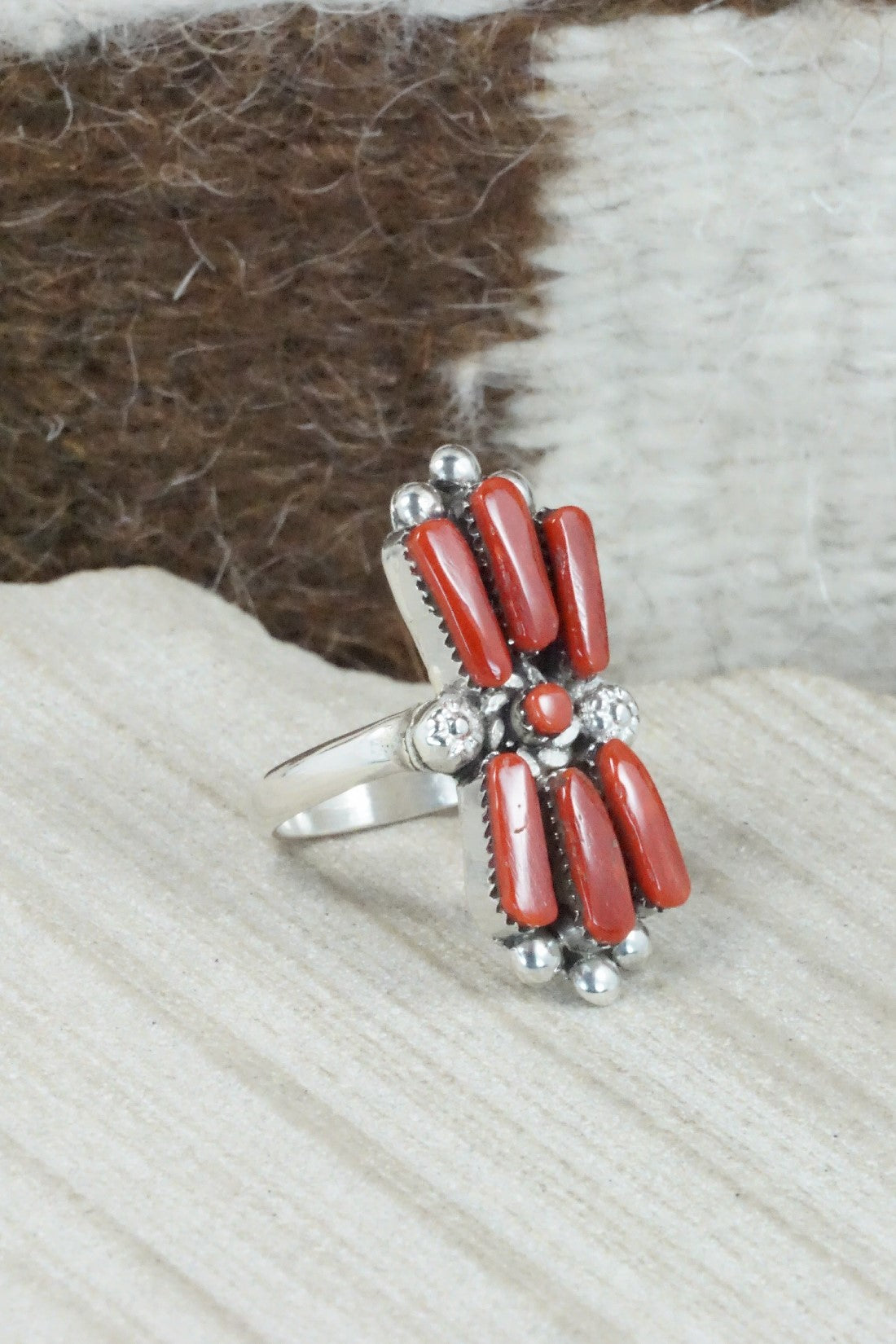 Coral & Sterling Silver Ring - Carlene Hattie - Size 6.5