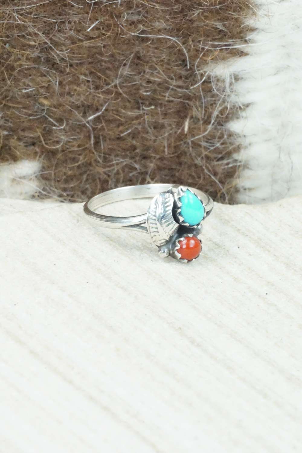 Turquoise, Coral & Sterling Silver Ring - Betty Hawthorne - Size 4.5