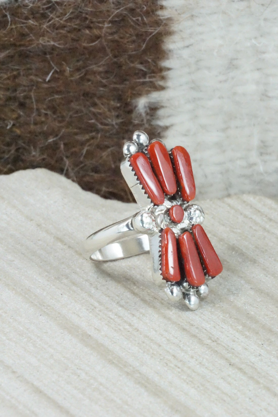 Coral & Sterling Silver Ring - Carlene Hattie - Size 5.75