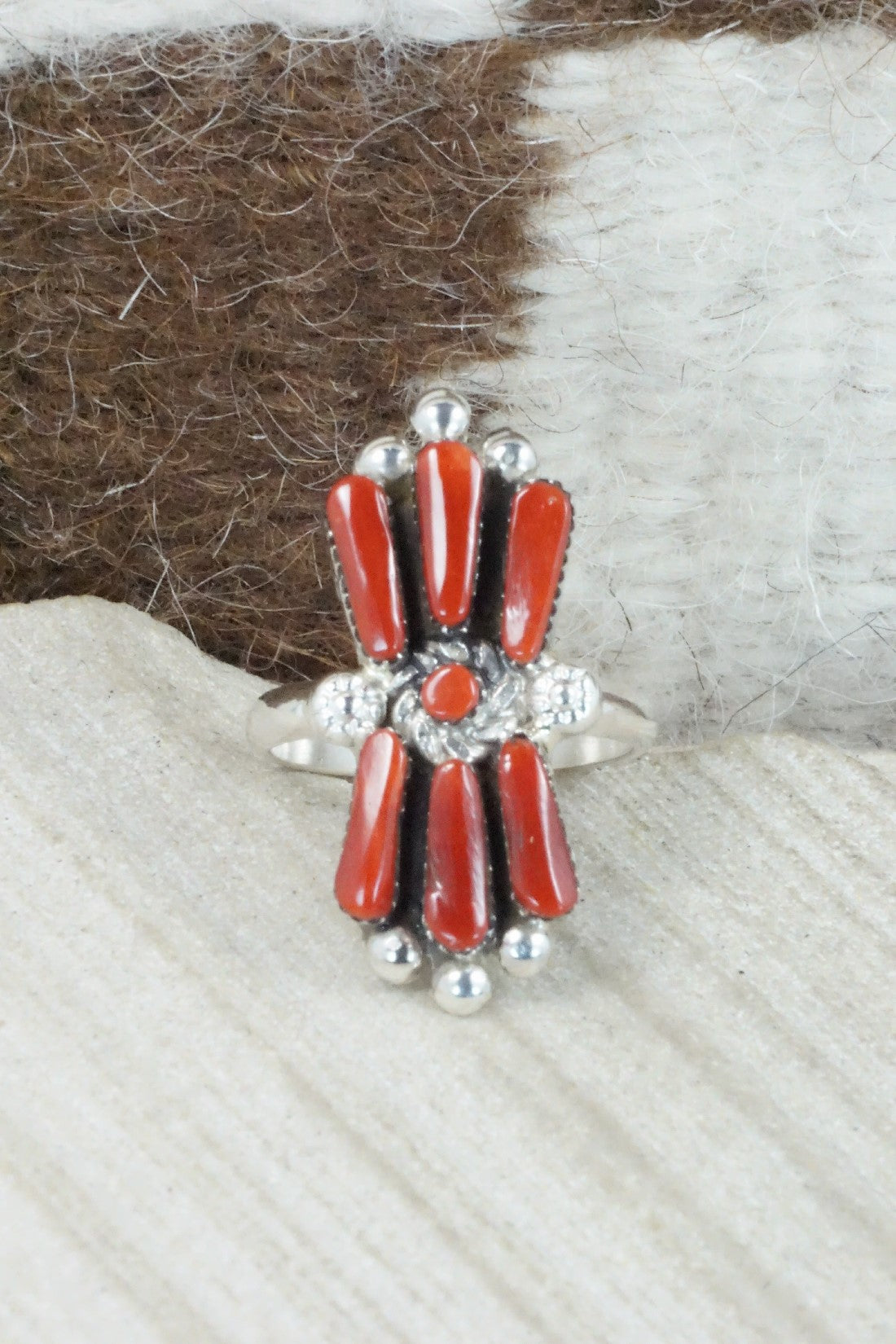 Coral & Sterling Silver Ring - Carlene Hattie - Size 7.5