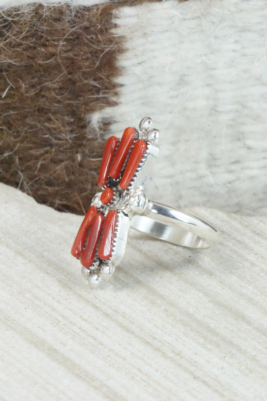 Coral & Sterling Silver Ring - Carlene Hattie - Size 7.5