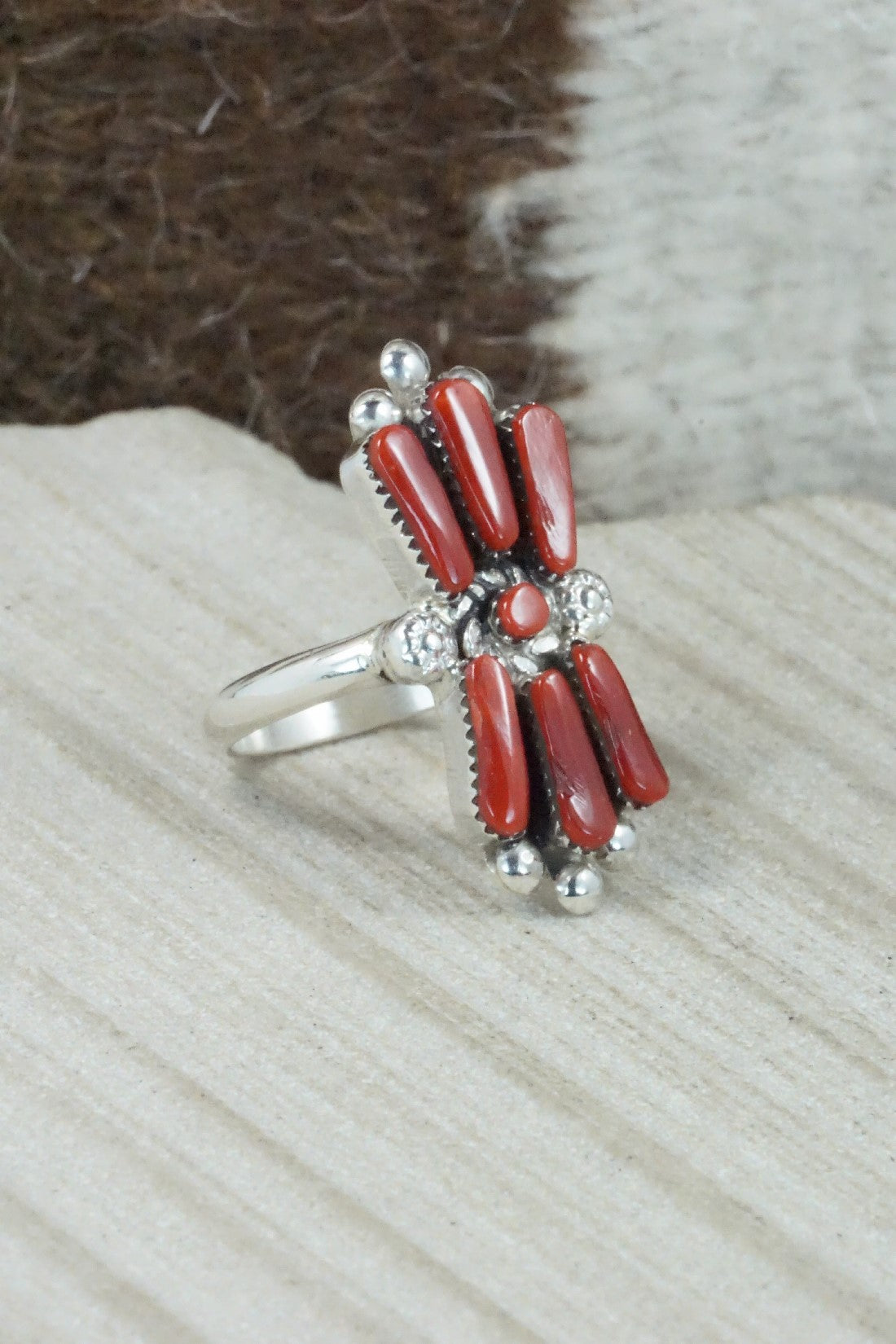 Coral & Sterling Silver Ring - Carlene Hattie - Size 7.5