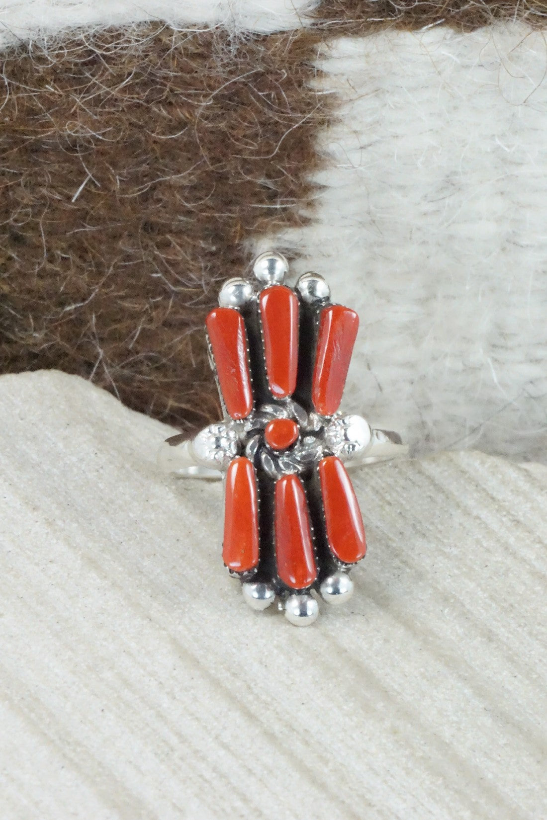 Coral & Sterling Silver Ring - Carlene Hattie - Size 8.25