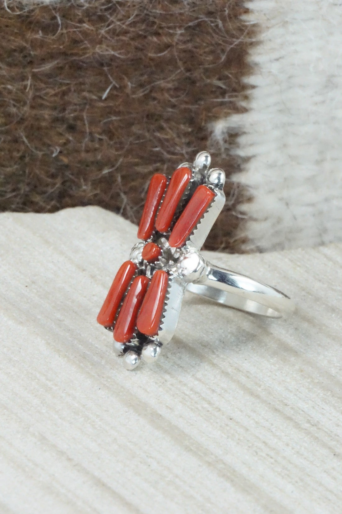 Coral & Sterling Silver Ring - Carlene Hattie - Size 8.25