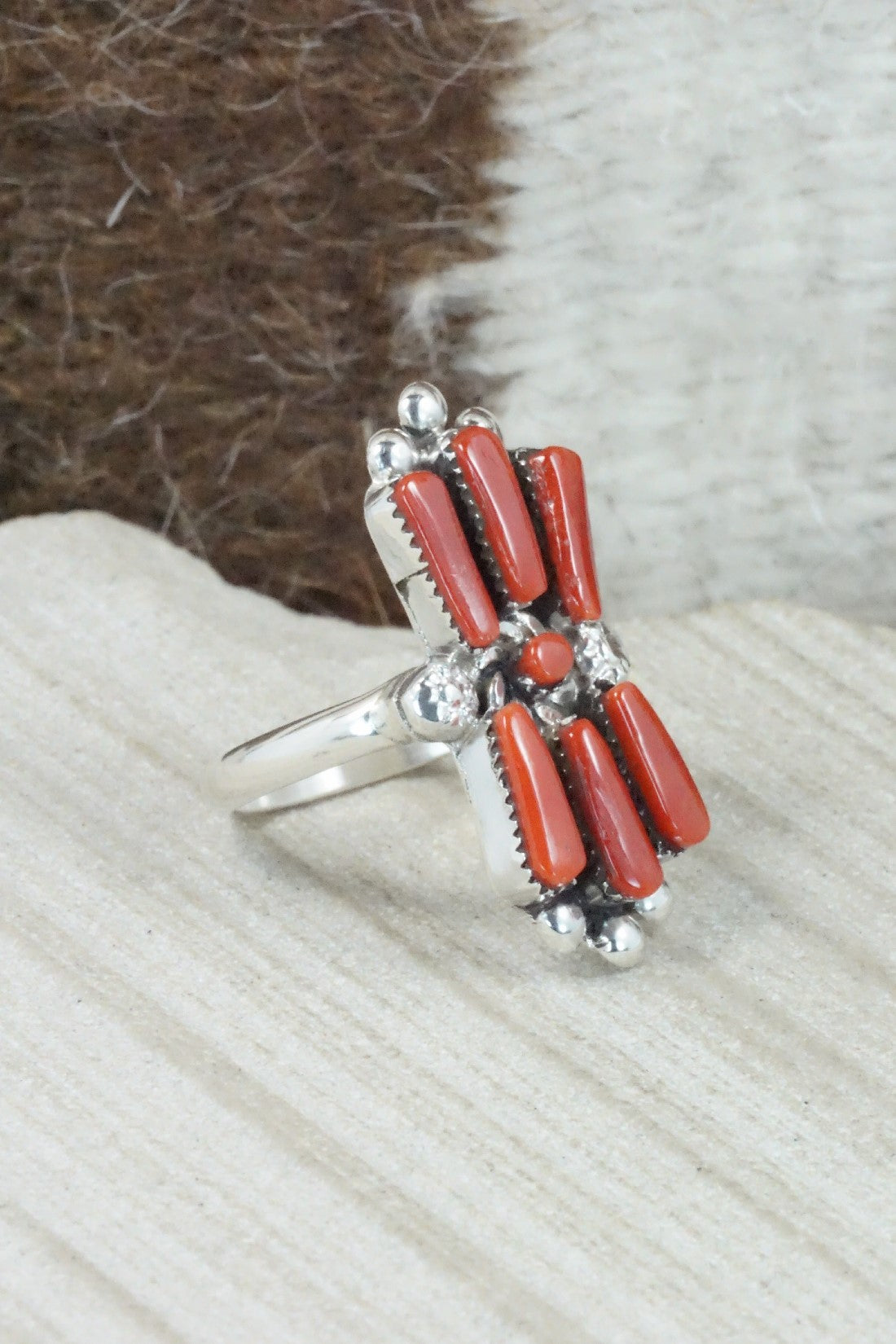 Coral & Sterling Silver Ring - Carlene Hattie - Size 8.25