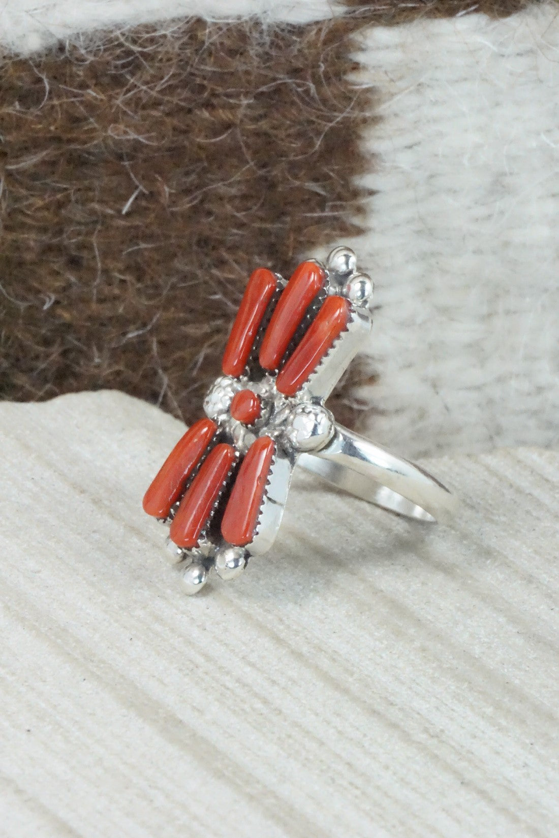 Coral & Sterling Silver Ring - Carlene Hattie - Size 8.25