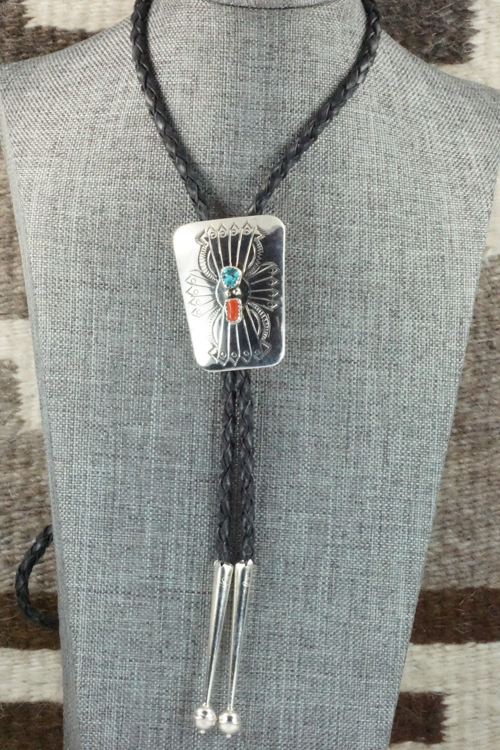 Turquoise, Coral & Sterling Silver Bolo Tie - Jolene Begay