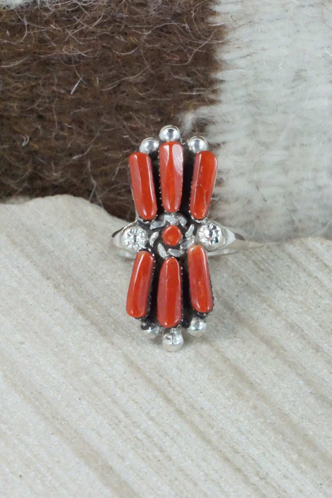 Coral & Sterling Silver Ring - Carlene Hattie - Size 6.25