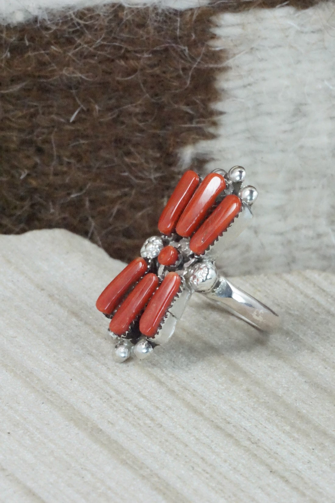 Coral & Sterling Silver Ring - Carlene Hattie - Size 6.25