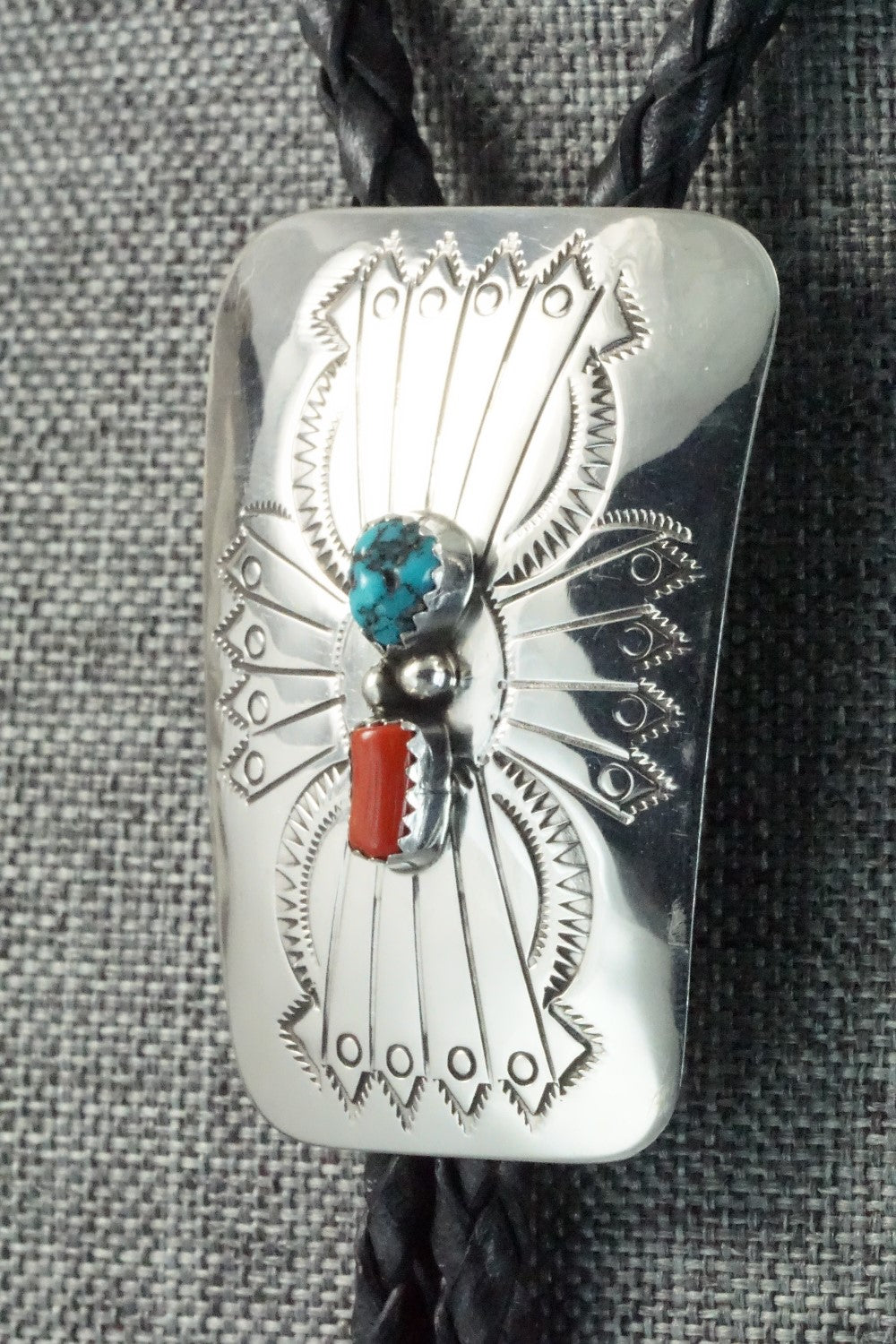 Turquoise, Coral & Sterling Silver Bolo Tie - Jolene Begay