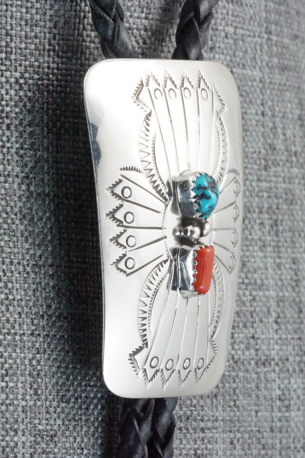 Turquoise, Coral & Sterling Silver Bolo Tie - Jolene Begay