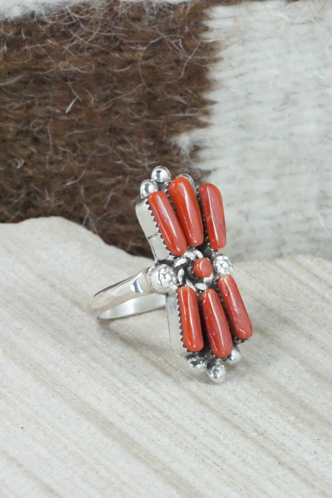 Coral & Sterling Silver Ring - Carlene Hattie - Size 6.25