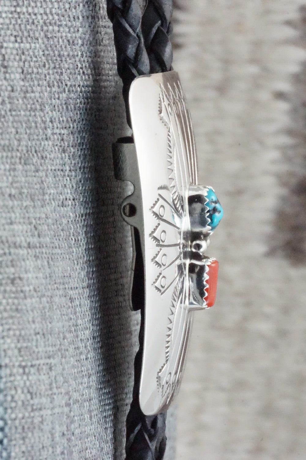 Turquoise, Coral & Sterling Silver Bolo Tie - Jolene Begay